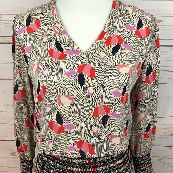 Derek Lam 10 Crosby Abstract Tulip Floral Long Sleeve Smocked Silk Dress - Picture 3 of 10